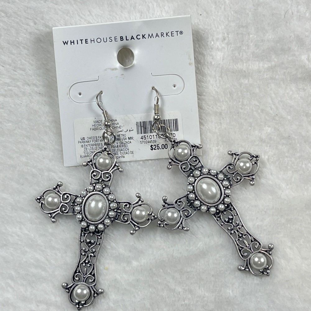 White House Black Market Silver Tone Faux Pearl Filigree Cross Drop Earrings NEW